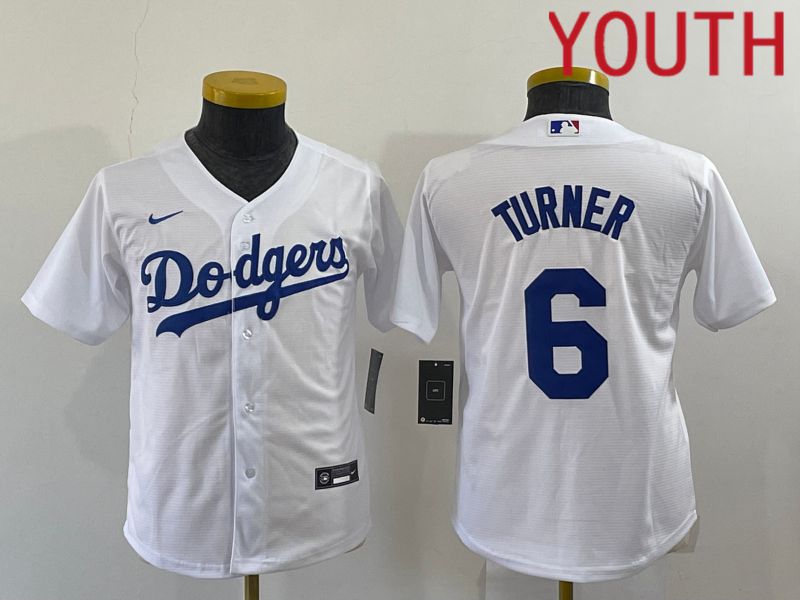 Youth Los Angeles Dodgers 6 Turner White Game Nike 2022 MLB Jersey